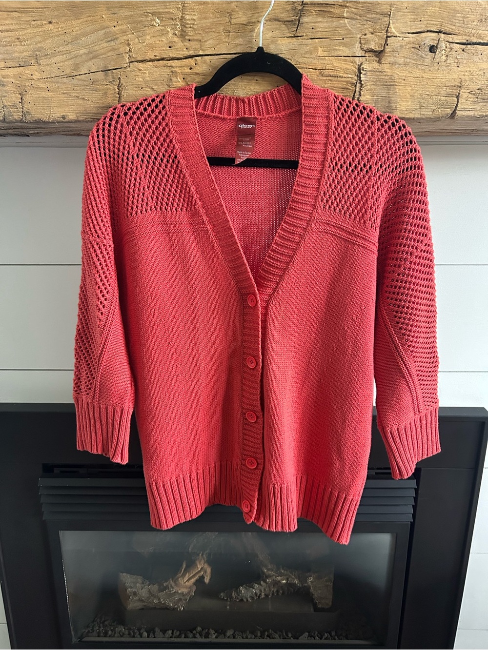 Button-Front Coral Open-Weave Women's Cardigan